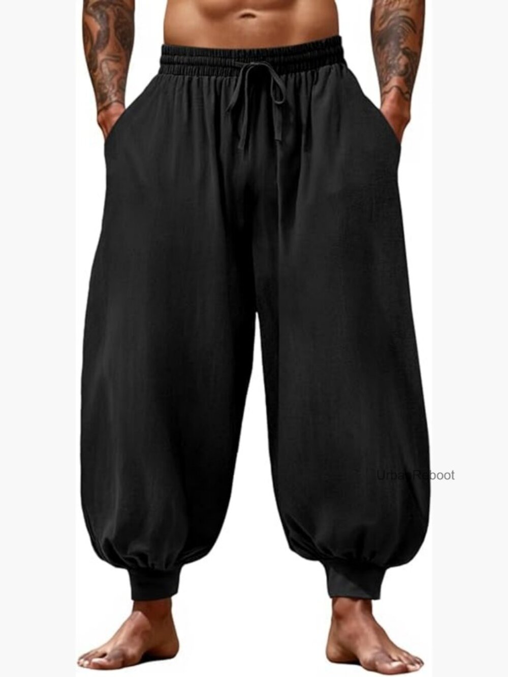 Mens Harem Pants Casual Elastic Waist Drawstring Baggy Hippie Trousers Cotton